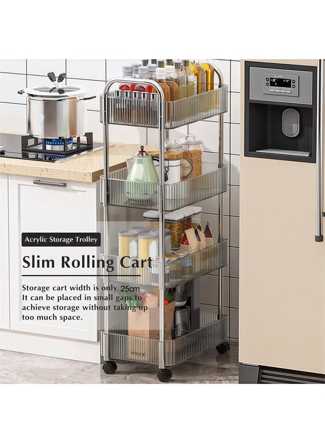 4 Tier Rolling Storage Cart Transparent Storage Shelves with Handle and Silent 360° Wheels Storage Trolley Cart Multi-purpose Storage Rack Rolling Organizer Movable Functional Utility Trolley Space-Saving Cart Storage Shelf for Bedroom Kitchen Narrow Space Shelf Organizer - Image 4